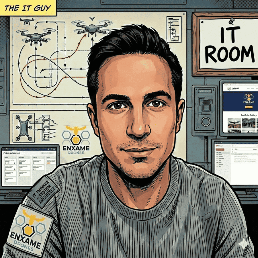 Dibujo que representa a un socio de enxame drones, chico joven con planos detrás, representa al ingeniero