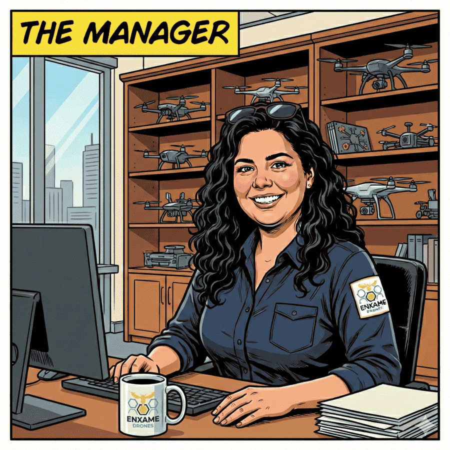 Dibujo de una socia de Enxame drones que representa a la manager, chica sonriente y estantería con drones detrás
