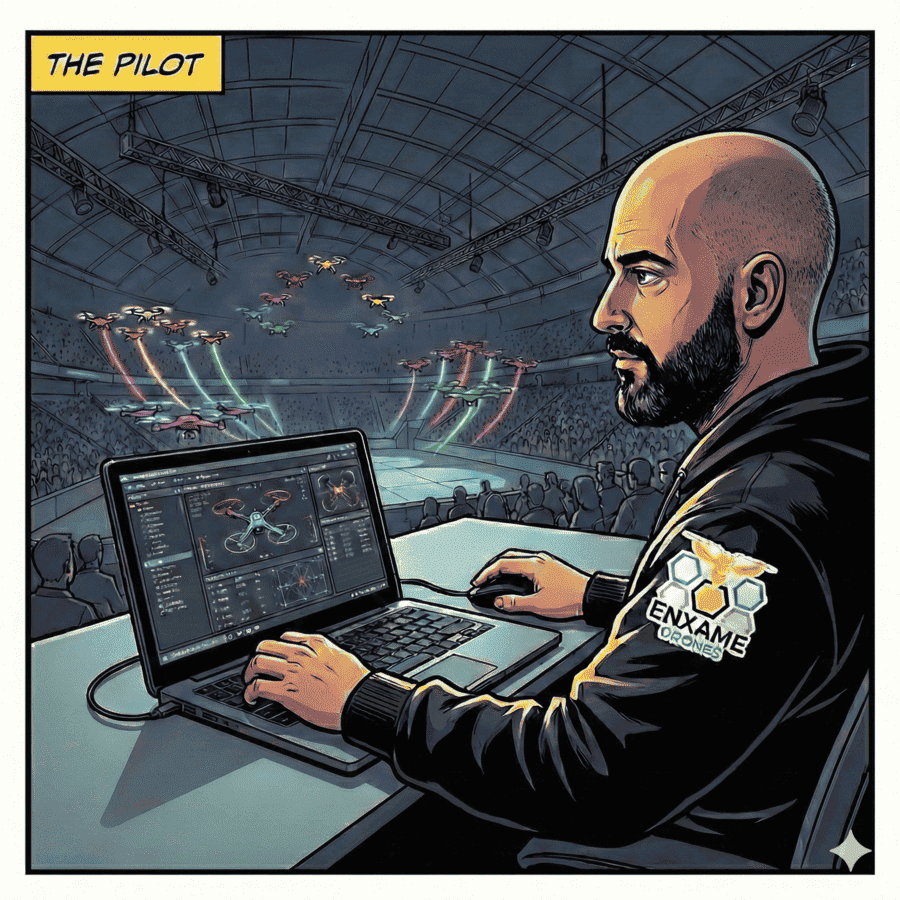 Dibujo de un socio de Enxame mirando un ordenador y organizando un espectáculo de drones